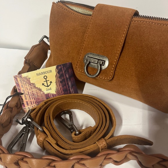 Harbour 2nd Brown Suede Leather Crossbody Bag Braided Strap Flap Closure NWT - Picture 1 of 7